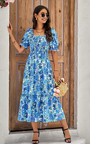 PRETTYGARDEN Women's Summer Puff Sleeve Floral Maxi Dress Square Neck Smocked Boho Flowy A Line Casual Beach Long Dresses (Big Floral White and Blue,Large)