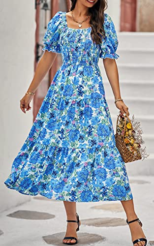 PRETTYGARDEN Women's Summer Puff Sleeve Floral Maxi Dress Square Neck Smocked Boho Flowy A Line Casual Beach Long Dresses (Big Floral White and Blue,Large)