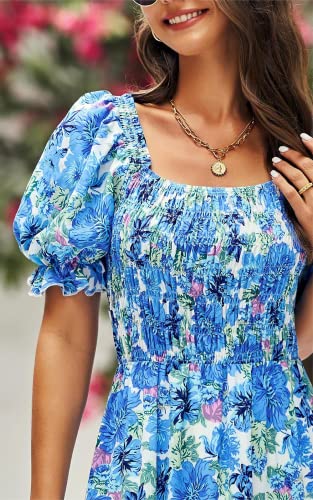 PRETTYGARDEN Women's Summer Puff Sleeve Floral Maxi Dress Square Neck Smocked Boho Flowy A Line Casual Beach Long Dresses (Big Floral White and Blue,Large)