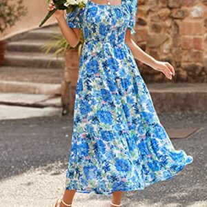 PRETTYGARDEN Women's Summer Puff Sleeve Floral Maxi Dress Square Neck Smocked Boho Flowy A Line Casual Beach Long Dresses (Big Floral White and Blue,Large)