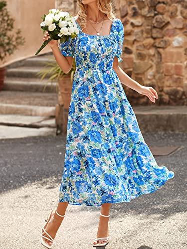 PRETTYGARDEN Women's Summer Puff Sleeve Floral Maxi Dress Square Neck Smocked Boho Flowy A Line Casual Beach Long Dresses (Big Floral White and Blue,Large)