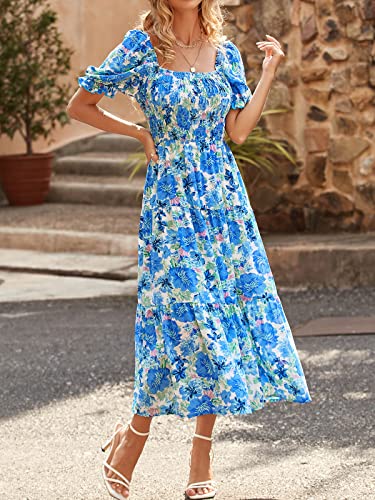 PRETTYGARDEN Women's Summer Puff Sleeve Floral Maxi Dress Square Neck Smocked Boho Flowy A Line Casual Beach Long Dresses (Big Floral White and Blue,Large)