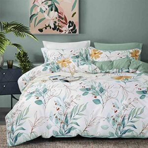 etdiffe floral duvet cover queen size, 3 piece farmhouse leaves botanical garden pattern microfiber comforter cover set, soft and lightweight reversible quilt cover with zipper, green and white