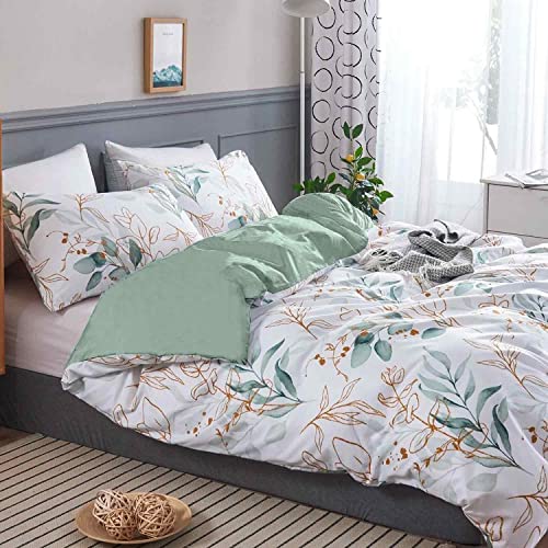 ETDIFFE Floral Duvet Cover Queen Size, 3 Piece Farmhouse Leaves Botanical Garden Pattern Microfiber Comforter Cover Set, Soft and Lightweight Reversible Quilt Cover with Zipper, Green and White