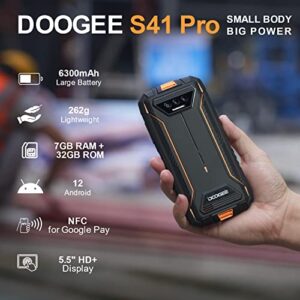 DOOGEE Rugged Phone 2023, S41 PRO, NFC 6300mAh Battery 4G Dual Sim Rugged Phones Android 12, 7GB+32GB SD 1TB, 5.5" HD Screen, IP68 Waterproof Outdoor Military Grade Cell Phone, GPS