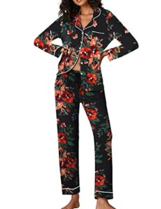 ekouaer long sleeve silk pajama set for women longs comfy sleepwear button down pjs winter,floral brown black,medium