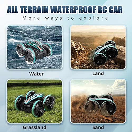 AmazeFun Amphibious Remote Control Car, 2.4GHz Gesture Sensor 4WD Remote Control Boat,360° Rotating Waterproof RC Stunt Car for Age 4 5 6 7 8 9-12 Kids Girls Boys Gift,All Terrain Beach Pool Water Toy