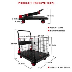 Platform Truck Cart with Cage, Foldable Push Cart Dolly 880lb Capacity w/ 5'' TPR 360 Degree Swivel Wheels, Heavy Duty Moving Portable Hand Trucks for Warehouse, Groceries, Garage