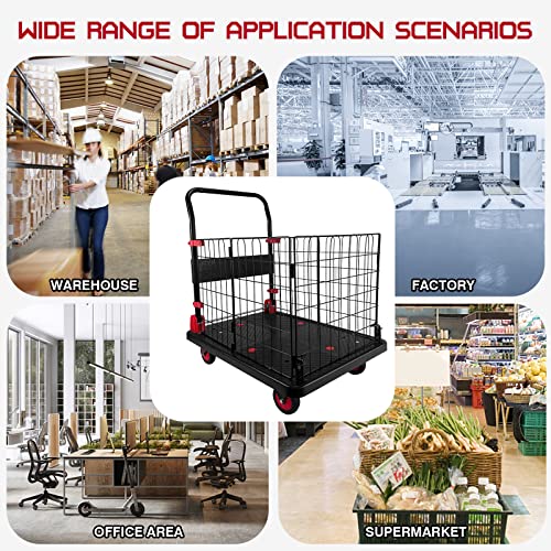 Platform Truck Cart with Cage, Foldable Push Cart Dolly 880lb Capacity w/ 5'' TPR 360 Degree Swivel Wheels, Heavy Duty Moving Portable Hand Trucks for Warehouse, Groceries, Garage