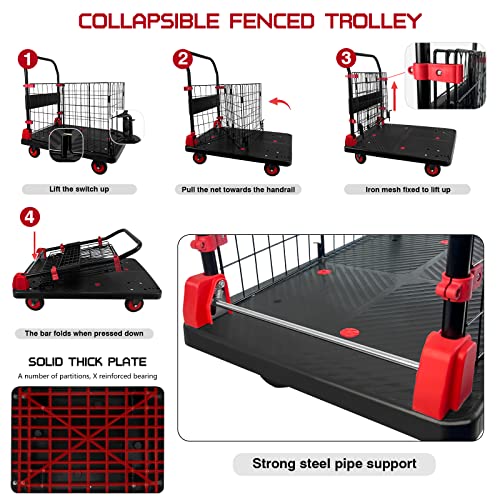 Platform Truck Cart with Cage, Foldable Push Cart Dolly 880lb Capacity w/ 5'' TPR 360 Degree Swivel Wheels, Heavy Duty Moving Portable Hand Trucks for Warehouse, Groceries, Garage