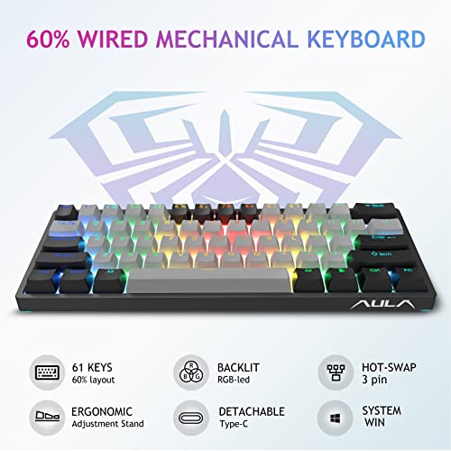 AULA RGB 60 Percent Wired Gaming Keyboard Mechanical, Mini Compact Hot Swappable Mechanical Gaming Keyboards with Brown Switches-Black&Grey