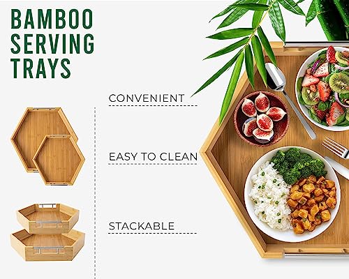Comfify Honeycomb Serving Trays with Handles – Set of 2 Bamboo Hexagon Nesting Trays – Large, and Small Trays Set for Food, Ottoman Décor & More – Modern Trays for Breakfast -Natural