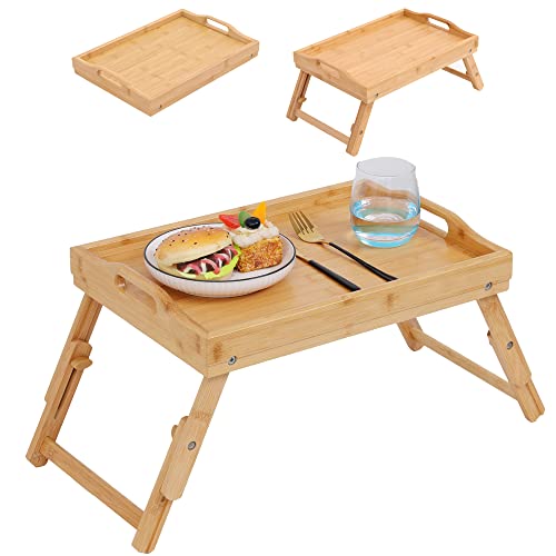 JESSILIN HOME Bamboo Bed Tray Table, Breakfast Tray for Eating with Folding Adjustable Legs & Handles, Whole Bamboo