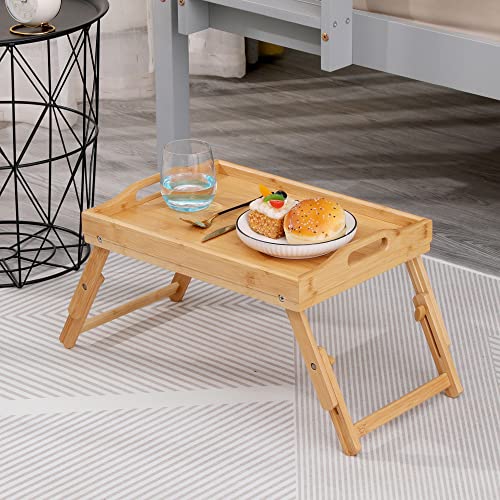 JESSILIN HOME Bamboo Bed Tray Table, Breakfast Tray for Eating with Folding Adjustable Legs & Handles, Whole Bamboo