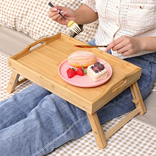 JESSILIN HOME Bamboo Bed Tray Table, Breakfast Tray for Eating with Folding Adjustable Legs & Handles, Whole Bamboo