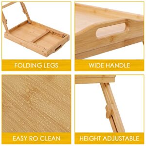 JESSILIN HOME Bamboo Bed Tray Table, Breakfast Tray for Eating with Folding Adjustable Legs & Handles, Whole Bamboo