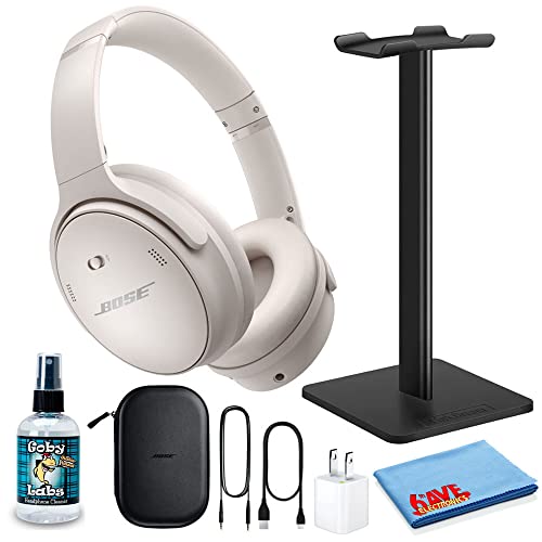 Bose QuietComfort 45 Wireless Noise-Canceling Headphones (White Smoke) Bundle with Headphone Stand + USB Wall Adapter + Headphone Cleaning Kit (Renewed)