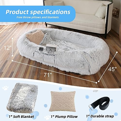 WROS Human Dog Bed, 71"x45"x12" Dog Bed for Humans Size Fits You and Pets, Washable Faux Fur Orthopedic Human Dog Bed for People Doze Off, Napping Present Plump Pillow, Blanket, Strap - Grey