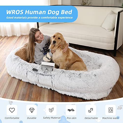 WROS Human Dog Bed, 71"x45"x12" Dog Bed for Humans Size Fits You and Pets, Washable Faux Fur Orthopedic Human Dog Bed for People Doze Off, Napping Present Plump Pillow, Blanket, Strap - Grey