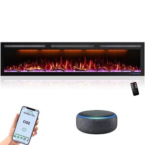 mystflame 72 inch wifi-enabled electric fireplace inserts & wall mounted, slim electric fireplace heater, 750/1500w, adjustable flame color, remote control & touch screen, logs & crystals, black