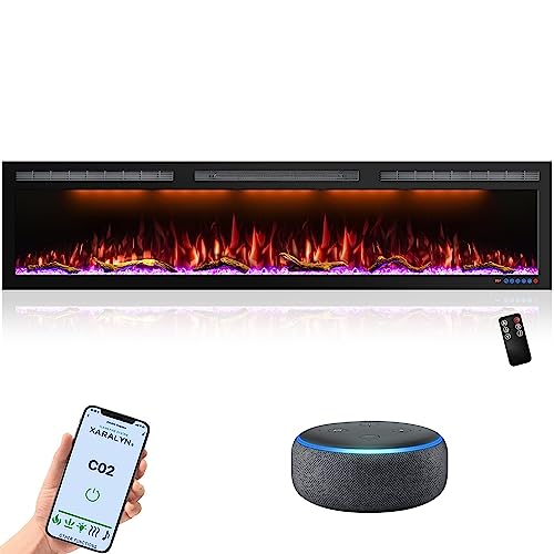 Mystflame 72 Inch WiFi-Enabled Electric Fireplace Inserts & Wall Mounted, Slim Electric Fireplace Heater, 750/1500w, Adjustable Flame Color, Remote Control & Touch Screen, Logs & Crystals, Black