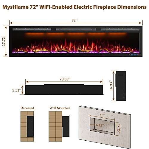 Mystflame 72 Inch WiFi-Enabled Electric Fireplace Inserts & Wall Mounted, Slim Electric Fireplace Heater, 750/1500w, Adjustable Flame Color, Remote Control & Touch Screen, Logs & Crystals, Black