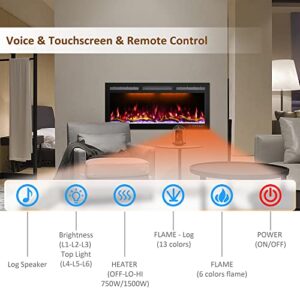 Mystflame 72 Inch WiFi-Enabled Electric Fireplace Inserts & Wall Mounted, Slim Electric Fireplace Heater, 750/1500w, Adjustable Flame Color, Remote Control & Touch Screen, Logs & Crystals, Black