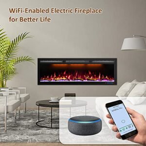 Mystflame 72 Inch WiFi-Enabled Electric Fireplace Inserts & Wall Mounted, Slim Electric Fireplace Heater, 750/1500w, Adjustable Flame Color, Remote Control & Touch Screen, Logs & Crystals, Black