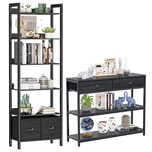 Furologee 6-Tier Bookshelf,6-Tier Bookshelf, Entryway Table with 3 Tiers Storage Shelves, Wood and Metal Storage Rack for Home Office, Bedroom, Black Oak