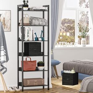 Furologee 6-Tier Bookshelf,6-Tier Bookshelf, Entryway Table with 3 Tiers Storage Shelves, Wood and Metal Storage Rack for Home Office, Bedroom, Black Oak