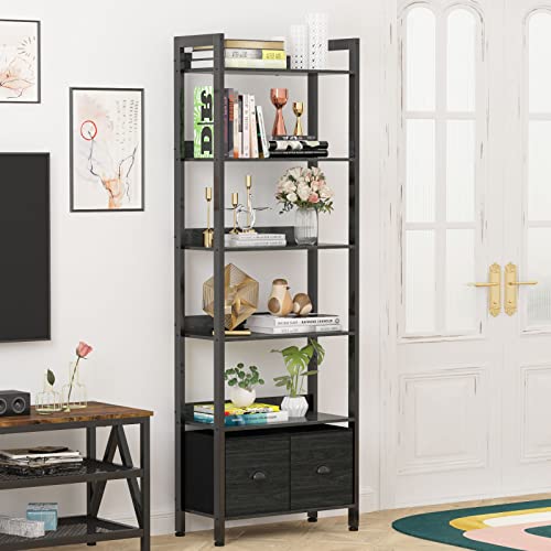 Furologee 6-Tier Bookshelf,6-Tier Bookshelf, Entryway Table with 3 Tiers Storage Shelves, Wood and Metal Storage Rack for Home Office, Bedroom, Black Oak