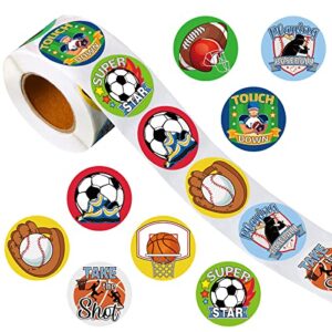 500 pcs sports roll stickers for laptop scrapbook skateboard luggage helmet, football soccer baseball basketball decals school rewards for kids teens adults party favors 8 designs (mixed balls)