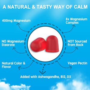 Magnesium Gummies 400mg | as 8 Forms of Magnesium Glycinate, Malate, Citrate, Taurate, Oxide, and More | with Ashwagandha Extract, D3 & B12 Supports for Calm, Zzz, Mood, Muscle Cramp - Vegan 120 Cts