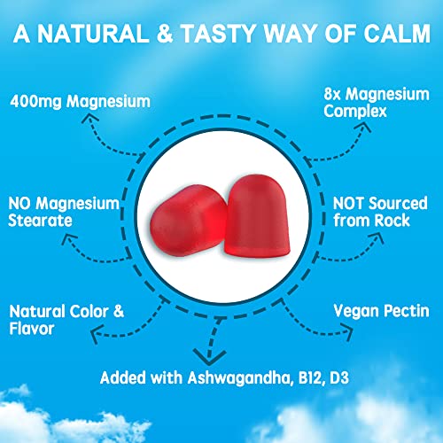 Magnesium Gummies 400mg | as 8 Forms of Magnesium Glycinate, Malate, Citrate, Taurate, Oxide, and More | with Ashwagandha Extract, D3 & B12 Supports for Calm, Zzz, Mood, Muscle Cramp - Vegan 120 Cts