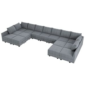 HONBAY Oversized Modular Sofa U Shape Modular Couch with Chaise Modular Sectional Couch Sofa with Storage Seats, Bluish Grey