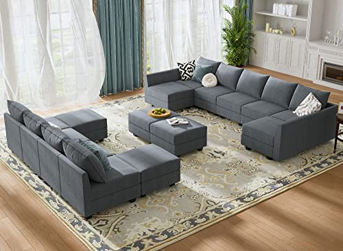 HONBAY Oversized Modular Sofa U Shape Modular Couch with Chaise Modular Sectional Couch Sofa with Storage Seats, Bluish Grey