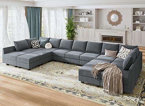 HONBAY Oversized Modular Sofa U Shape Modular Couch with Chaise Modular Sectional Couch Sofa with Storage Seats, Bluish Grey