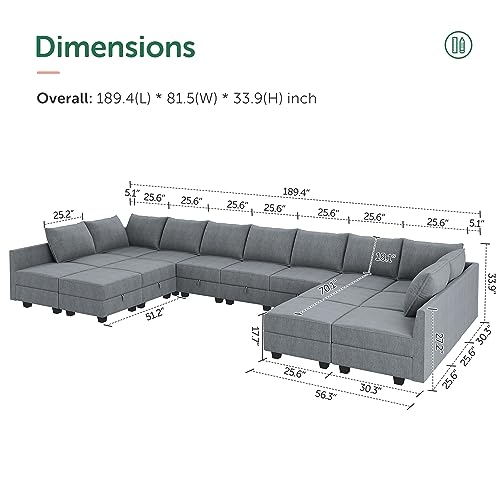 HONBAY Oversized Modular Sofa U Shape Modular Couch with Chaise Modular Sectional Couch Sofa with Storage Seats, Bluish Grey