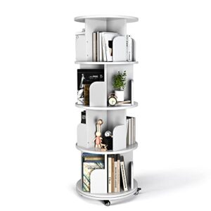 nidouillet rotating bookshelf, 4 tier revolving bookcase with brake wheels 360° display round bookshelf narrow swivel corner book shelf standing bookcase for adult bedroom, living room - white