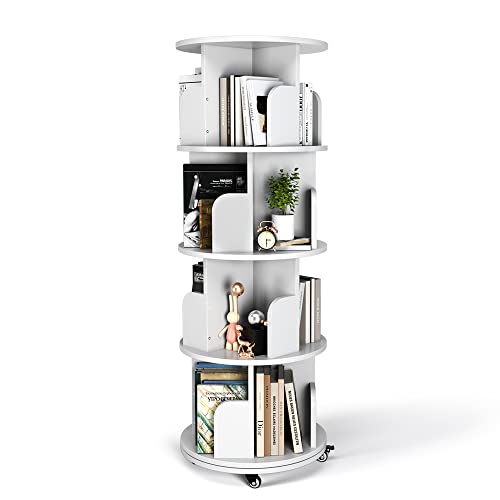 Nidouillet Rotating Bookshelf, 4 Tier Revolving Bookcase with Brake Wheels 360° Display Round Bookshelf Narrow Swivel Corner Book Shelf Standing Bookcase for Adult Bedroom, Living Room - White