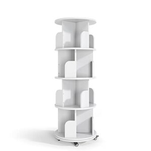 Nidouillet Rotating Bookshelf, 4 Tier Revolving Bookcase with Brake Wheels 360° Display Round Bookshelf Narrow Swivel Corner Book Shelf Standing Bookcase for Adult Bedroom, Living Room - White