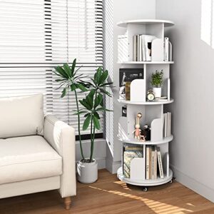 Nidouillet Rotating Bookshelf, 4 Tier Revolving Bookcase with Brake Wheels 360° Display Round Bookshelf Narrow Swivel Corner Book Shelf Standing Bookcase for Adult Bedroom, Living Room - White