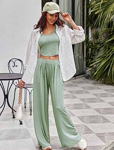 Ekouaer Lounge Sets Womens Pajama Set Short Sleeve Crop Top Loose Wide Leg Pants Casual Loungewear Set,Light Green,L