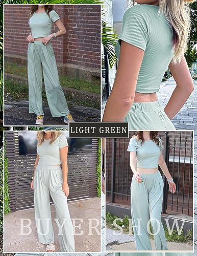 Ekouaer Lounge Sets Womens Pajama Set Short Sleeve Crop Top Loose Wide Leg Pants Casual Loungewear Set,Light Green,L