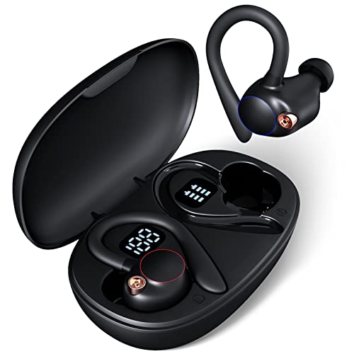 NANSON Headphones Wireless Earbuds 60hrs Playback IPX7 Waterproof Earphones Over-Ear Stereo Bass Headset with Earhooks Microphone LED Battery Display for Sports/Workout/Gym/Running Black