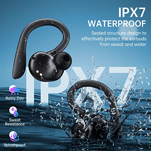 NANSON Headphones Wireless Earbuds 60hrs Playback IPX7 Waterproof Earphones Over-Ear Stereo Bass Headset with Earhooks Microphone LED Battery Display for Sports/Workout/Gym/Running Black