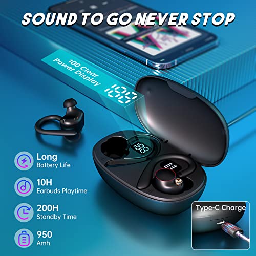 NANSON Headphones Wireless Earbuds 60hrs Playback IPX7 Waterproof Earphones Over-Ear Stereo Bass Headset with Earhooks Microphone LED Battery Display for Sports/Workout/Gym/Running Black