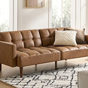 mopio Aaron Couch, Futon Sofa Bed, Sleeper Sofa, Loveseat, Couches for Living Room, Bedroom, Mid Century Modern, Arms Split Back Design 77.5" (Faux Leather, Pecan Brown)