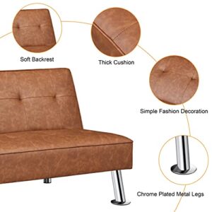 Yaheetech Convertible Sofa Couch Futon Bed Faux Leather Sofa Bed Sleeper Adjustable Loveseat Futon Couch Living Room Furniture with Chrome Metal Legs, Brown