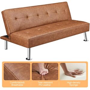 Yaheetech Convertible Sofa Couch Futon Bed Faux Leather Sofa Bed Sleeper Adjustable Loveseat Futon Couch Living Room Furniture with Chrome Metal Legs, Brown